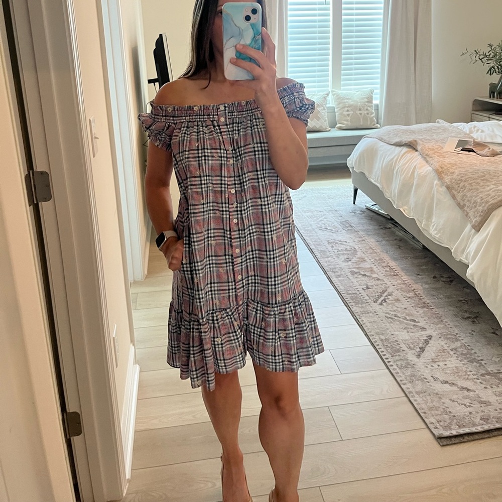 Anthropologie Blue and Red Ruched Ruffled Sundress